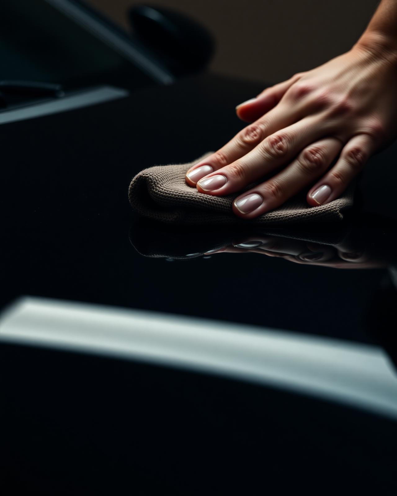 Hand polishing the glossy black hood of a car
